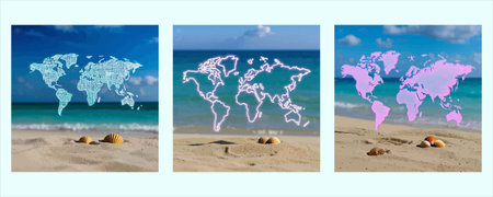 Conceptual image of a world map on a sandy beach.のイラスト素材
