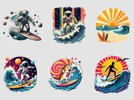 Set of space icons with astronaut on surfboard and ocean waves illustrationのイラスト素材
