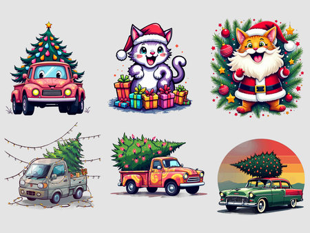 A delightful collection of festive images featuring christmas vehicles and characters, perfect for adding holiday cheer to any project or design. Merry christmas!のイラスト素材