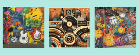 A colorful and vibrant artwork featuring musical instruments and notes. The painting showcases a...