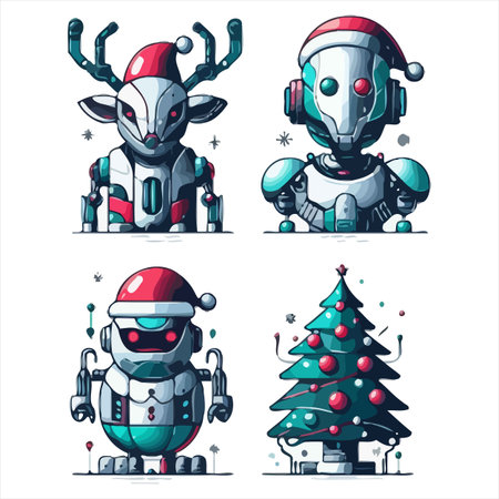 Set of cute cartoon robots with christmas tree. Vector illustration.のイラスト素材
