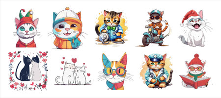 Set of cute cartoon cats and kittens in different costumes. Vector illustrationのイラスト素材
