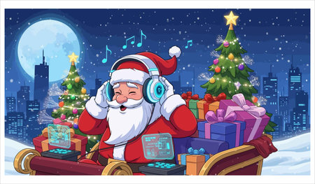 Santa Claus listening to music with headphones on the background of the night cityのイラスト素材