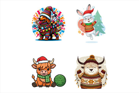 Set of Christmas and New Year cartoon characters. Vector illustration on white background.のイラスト素材