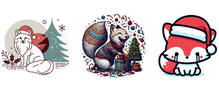 Set of cute cartoon foxes with christmas elements. Vector illustration.のイラスト素材