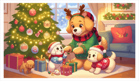 Christmas cartoon scene with dog and bear in Santa Claus costume. New Year vector illustrationのイラスト素材