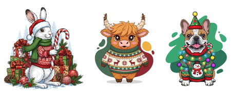 Set of cute cartoon animals in christmas sweaters and hats.のイラスト素材