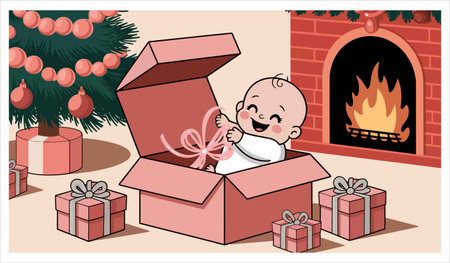 baby in a gift box with christmas presents. vector illustration.のイラスト素材