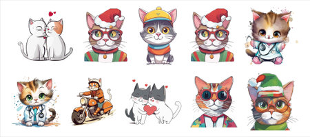 Cats in Santa Claus hats and scarves. Cute cartoon characters.のイラスト素材