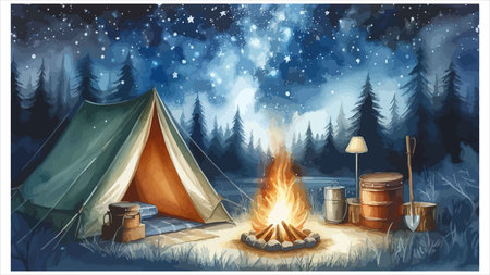 Camping in the woods. Vector illustration of a night landscape.のイラスト素材