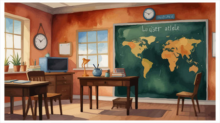 illustration of a school classroom with a blackboard on the background
