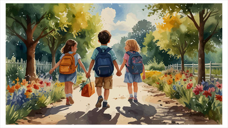 Children go to school. Back to school. Vector illustration in a flat style.のイラスト素材