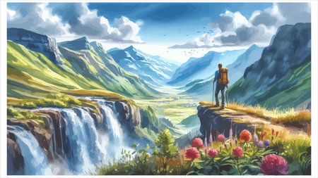 Digital painting of a man standing on a cliff and looking at a waterfall.のイラスト素材