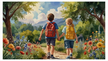 Illustration of two boys with backpacks walking in the park.のイラスト素材