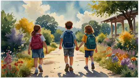 Children with backpacks going to school. Back to school. Vector illustrationのイラスト素材