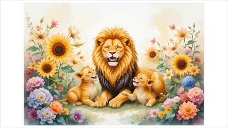Watercolor illustration of lion family with flowers and sunflowers.のイラスト素材