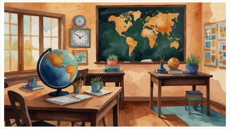 Illustration of a school classroom with a world globe on the tableのイラスト素材