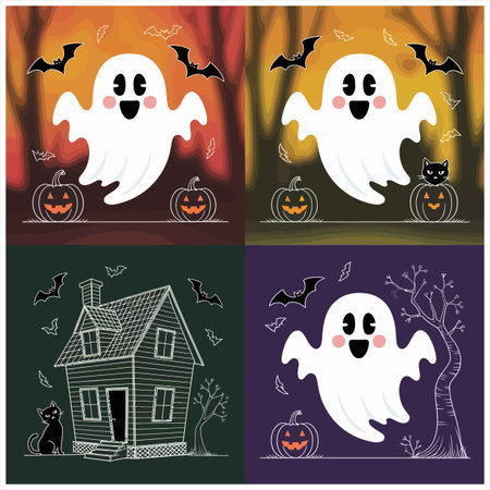 set of halloween card with ghost, house and bat vector illustrationのイラスト素材