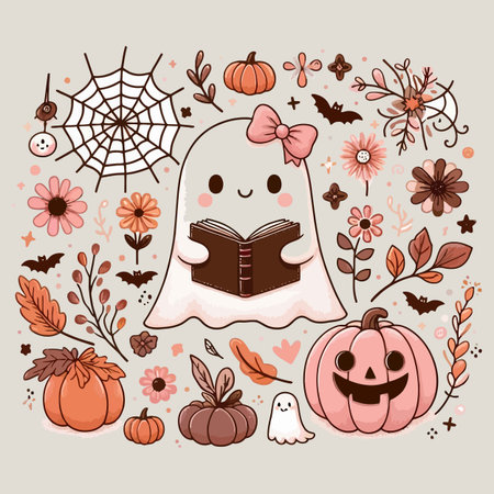 Cute Halloween vector illustration with ghost, pumpkin, spider, flowers and leaves.のイラスト素材