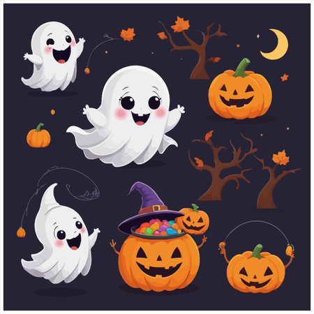 set of cute halloween pumpkins and ghosts vector illustration designのイラスト素材