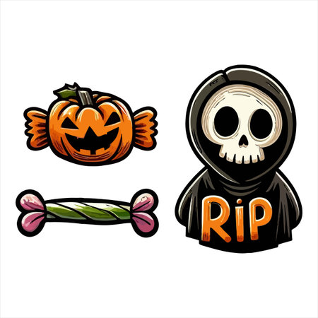 Halloween set of icons with pumpkin, candy and skull. Vector illustrationのイラスト素材