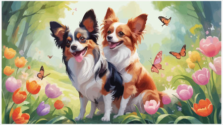 Two dogs in the garden with tulips and butterflies. Vector illustration.のイラスト素材