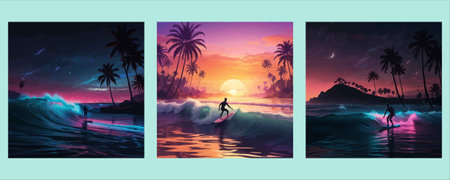 Set of four vector backgrounds with surfers and palm trees at sunset