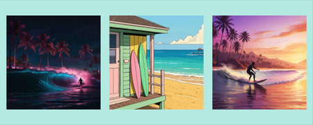 Set of beach scenes with surfers and bungalows, vector illustration