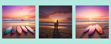 Set of surfboards on the beach at sunset. Vector illustration.のイラスト素材