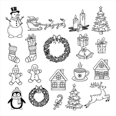 Christmas doodle set. Hand drawn vector illustration isolated on white backgroundのイラスト素材