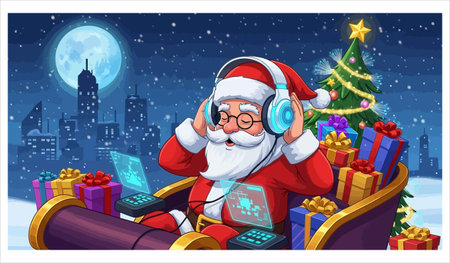 Santa Claus listening to music on sleigh in the city vector illustrationのイラスト素材