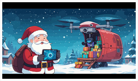 Santa Claus with drone and Christmas gifts on a snowy landscape background illustrationのイラスト素材