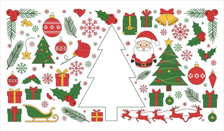 Christmas and New Year set with Santa Claus, deer, Christmas tree, gift boxes, snowflakes, holly berries, pine branches. Vector illustration.のイラスト素材