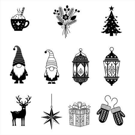 Christmas and New Year icons set. Black and white vector illustration.のイラスト素材