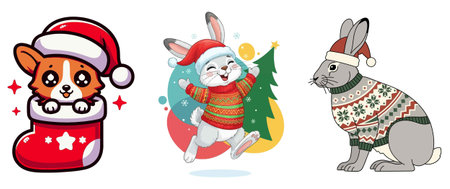 Set of cute cartoon animals in christmas costumes. Vector illustration.のイラスト素材
