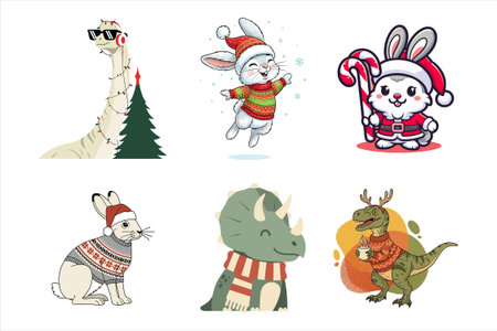 Vector set of cute cartoon animals in winter clothes. Vector illustration.のイラスト素材
