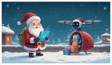 Santa Claus with gift box and drone. Vector illustration in cartoon styleのイラスト素材