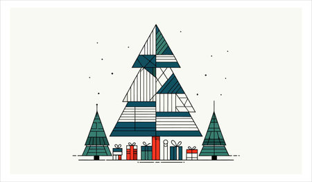 Vector illustration of a Christmas tree with gifts in flat linear style.のイラスト素材