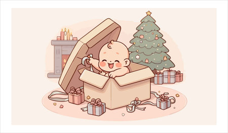 Vector illustration of a cute baby in a gift box on Christmas Eve.のイラスト素材