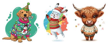 Set of cute cartoon animals wearing christmas sweaters and hats illustrationのイラスト素材