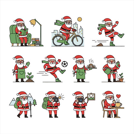 Christmas set of Santa Claus in different poses and actions. Vector illustration.のイラスト素材