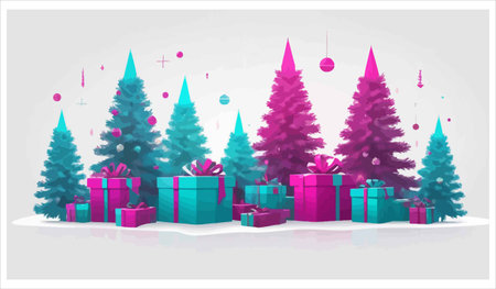 Christmas and New Year background with fir trees and gifts. Vector illustration.のイラスト素材