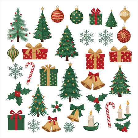 Christmas tree, snowflakes, candy canes, candies, balls and bells. Set of vector illustrations in flat style.のイラスト素材