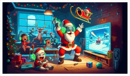 Santa Claus and children playing video games in the room. Vector illustrationのイラスト素材