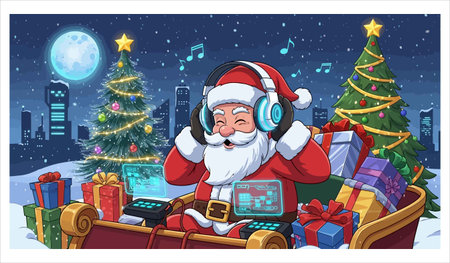 Santa Claus with headphones and gifts on the background of the Christmas treeのイラスト素材