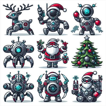 Set of cute robot characters with christmas ornaments. Vector illustration.のイラスト素材