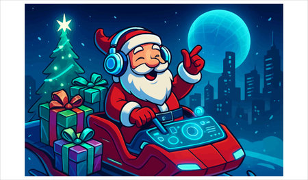Santa Claus playing video games on a sledge with gifts. Vector illustration.のイラスト素材