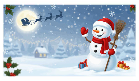 Christmas card with snowman and santa claus, vector illustrationのイラスト素材