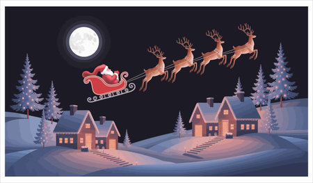 Santa Claus rides on a sleigh with reindeers in the village at night. Vector illustration.のイラスト素材