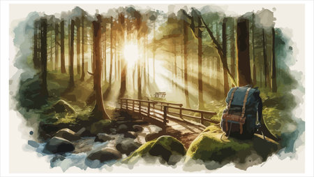 Watercolor illustration of a wooden bridge over a river with a backpackのイラスト素材